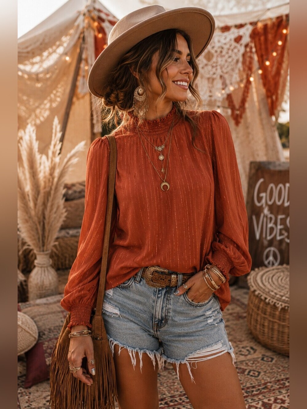 ✨ NY Collection Rust Metallic Stripe Smocked Blouse | Romantic Boho Sheer Sleeve